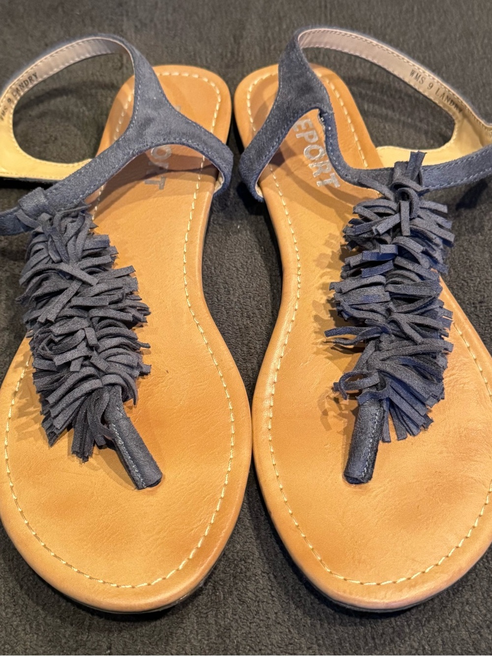Report Navy Fringe Toe-Post Sandals with Tan Footbed